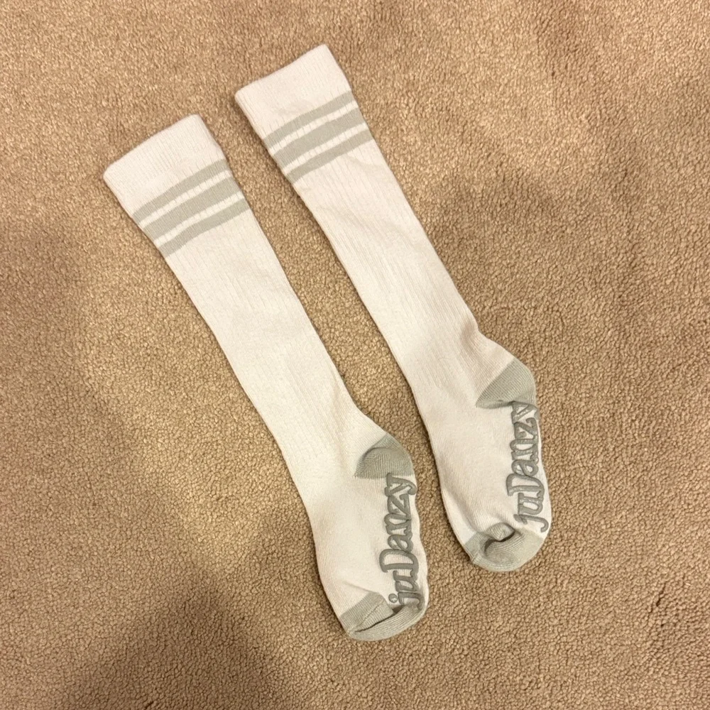 Danzy White and Gray Athletic Socks. Long socks. Written both sides. EUC
